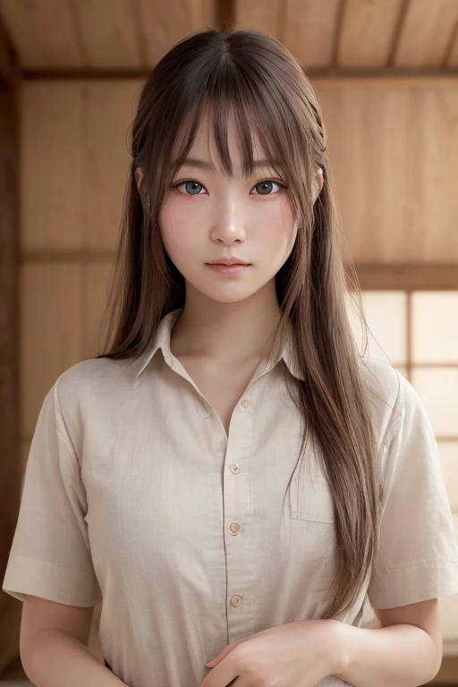 Highest quality, Face Focus, Soft Light, Ultra-high resolution, (Realistic:1.4), RAW Photos, 1 Japanese girl, alone, cute, (pupil, Light in your eyes), Beautiful face in every detail, (),(High resolution detail of human skin texture), (Long Hair), indoor, Damask Shirt Dress, (Portraiture),Cowboy Shot,