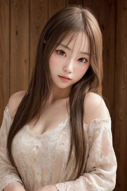 Highest quality, Face Focus, Soft Light, Ultra-high resolution, (Realistic:1.4), RAW Photos, 1 Japanese girl, alone, cute, (pupil, Light in your eyes), Beautiful face in every detail, (),(High resolution detail of human skin texture), (Long Hair), indoor, Damask Shirt Dress, (Portraiture),Cowboy Shot,