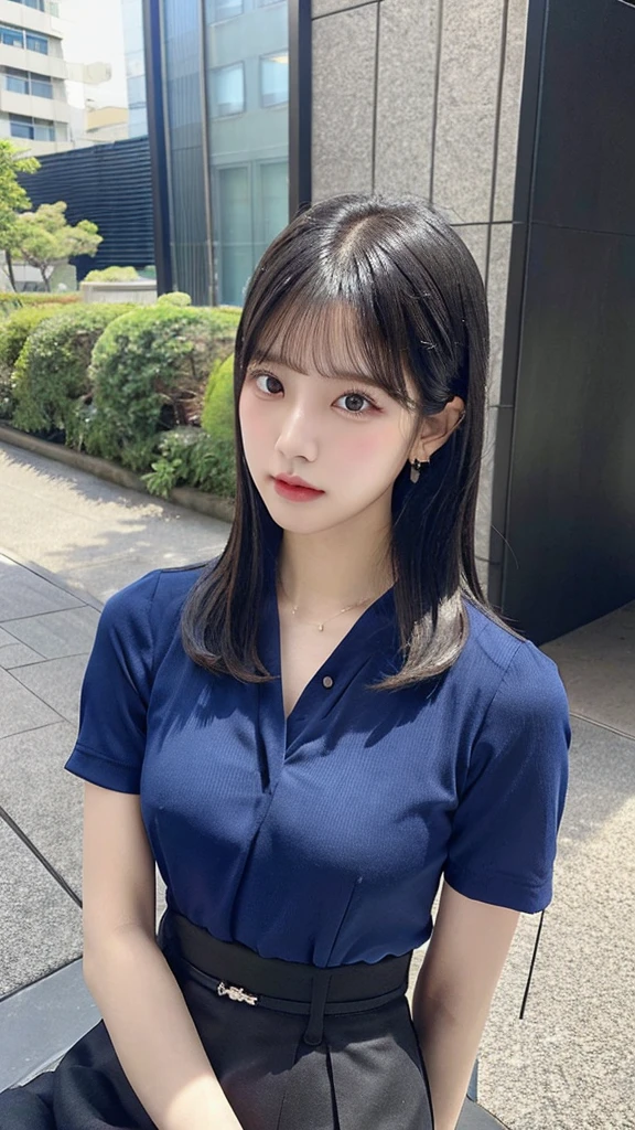 Blackpink's Kim Jennie with black hair, pale skin, japanese, con cara de doll, large eyes, fat and round lips, ojos de doll (doll), with black eyes, big chest.
blue shirt, thin straps, prominent neckline and big chest.
Black hair Sitting with view from above Provocative pose Japanese Little clothes, only shirt and skirt