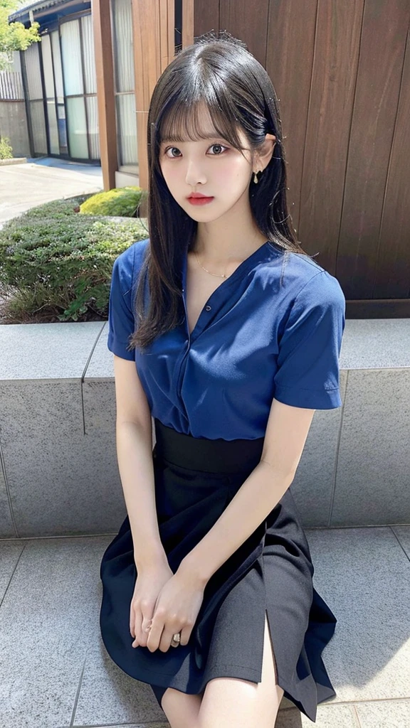 Blackpink's Kim Jennie with black hair, pale skin, japanese, con cara de doll, large eyes, fat and round lips, ojos de doll (doll), with black eyes, big chest.
blue shirt, thin straps, prominent neckline and big chest.
Black hair Sitting with view from above Provocative pose Japanese Little clothes, only shirt and skirt