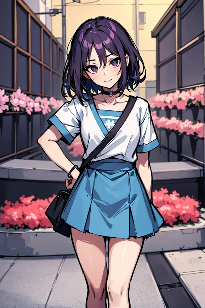 (absurdres, 8k, 4k, masterpiece, hyper extreme detailed:1.2), solo, 1girl, front view, perfect face, 1girl, portrait, looking at viewer, solo, standing, Female, Mature Female, expressive eyes, perfect face, dark purple hair, 1girl, messy hair, perfect anatomy, adult, standing, straight hair, pale, half  body, Short hair, perfect anatomy, friendly, happy, good, good natured, kind, kindhearted, understanding, honesty, integrity, empathy, empathic, smile, nice, happy, expressive, cute, caring, Compassionate, Humility, Integrity, Forgiveness, forgiving, sparkling eyes, expressive eyes, hair covering forehead, swept bangs, medium bust, t-shirt, cute outfit, blue skirt, wholesome, Patience, love, loving, Generous, savior, saint, saintly, devoted, selfless, Positive, Encouraging, polite, courage, courageous, Considerate, unselfish, Diligent, warm, welcoming, Temperate, Cooperative, faithful, Imaginative, Fairness, fair, perfect, normal, 1girl, cutesy, pins, hairpins, bedroom background, colorful, backpack, flowers, flowers in hair, slender, slim, beautiful, wonderful, warm smile, tilted head, hope, integrity, inspiring, benevolent, huggable, cute outfit, cute bag, hands in pockets, 
