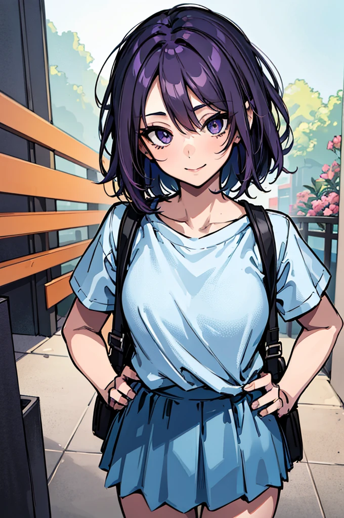 (absurdres, 8k, 4k, masterpiece, hyper extreme detailed:1.2), solo, 1girl, front view, perfect face, 1girl, portrait, looking at viewer, solo, standing, Female, Mature Female, expressive eyes, perfect face, dark purple hair, 1girl, messy hair, perfect anatomy, adult, standing, straight hair, pale, half body, Short hair, perfect anatomy, friendly, happy, good, good natured, kind, kindhearted, understanding, honesty, integrity, empathy, empathic, smile, nice, happy, expressive, cute, caring, Compassionate, Humility, Integrity, Forgiveness, forgiving, sparkling eyes, expressive eyes, hair covering forehead, swept bangs, medium bust, t-shirt, cute outfit, blue skirt, wholesome, Patience, love, loving, Generous, savior, saint, saintly, devoted, selfless, Positive, Encouraging, polite, courage, courageous, Considerate, unselfish, Diligent, warm, welcoming, Temperate, Cooperative, faithful, Imaginative, Fairness, fair, perfect, normal, 1girl, cutesy, pins, hairpins, bedroom background, colorful, backpack, flowers, flowers in hair, slender, slim, beautiful, wonderful, warm smile, tilted head, hope, integrity, inspiring, benevolent, huggable, cute outfit, cute bag, hands in pockets,