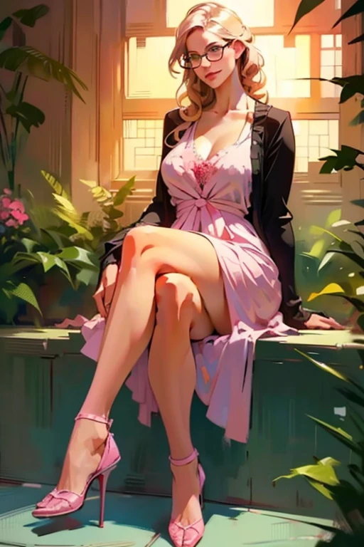 (sitting, crossed legs:1.2),(realistic illustration). cute 22 yo brunette Caucasian woman with green eyes. Sexy chubby figure, natural breasts, beautiful ass. Smile. Eyeglasses, cardigan, pink sundress, high heels, Masterpiece, (highly detailed:1.2),(detailed face and eyes:1.2), 8k wallpaper, Moody lighting. core shadows, high contrast, bokeh.