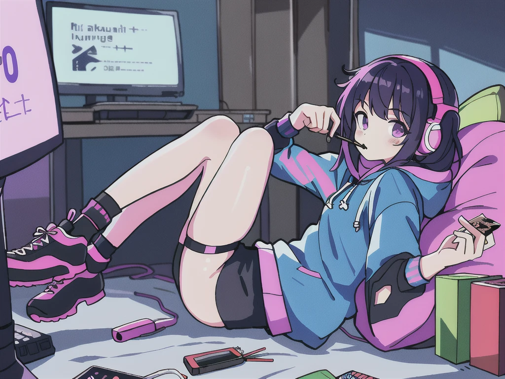 ((masterpiece)), ((best quality)), ((high res)), ((1girl)), ((solo)), incredibly absurdres, hoodie, headphones, neon lighting, blowing bubble gum in mouth, hood up, side view, (full body), matching socks, matching sneakers, pink and black hair, purple eyes, working in her laptop computer, sitting, bean bag cushion seat, widescreen tv monitor, munching on snacks, basement, japanese pocky snacks, cluttered room, video game console, internet, (biker shorts)