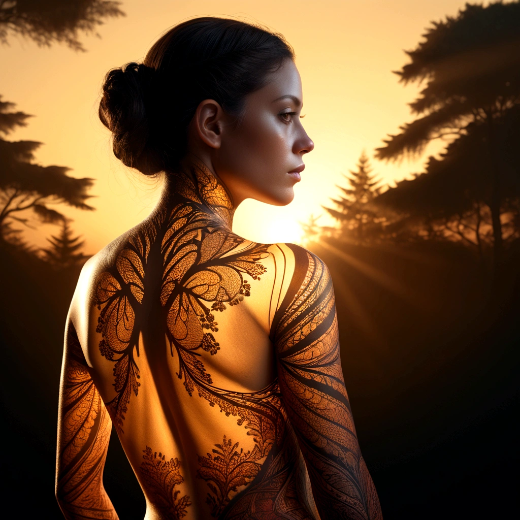 photoillustration of double exposure of merged, a lady, a sunrise, (transparency effect of a sunrise image on her back), seamless mix, texture and pattern, transparency effect, iconic stance, dramatic shadows, dramatic lights, interlacing elements, fit-image on her back, back view, fantasy art, two tones, opposite-opponent digital manipulated photo art, hyper-realistic, ultra-detailed, crisp clarity, high-contrast, luminous ambiance, rich textures, intricate patterns, vivid colors, cinematic lighting, photorealistic, accurate anatomical proportions.