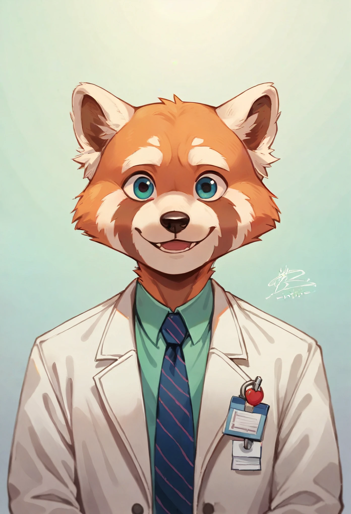 (Masterpiece, Best Quality, Very Detailed CG, Intricate Details: 1.2), 8k Wallpaper, Masterpiece, Best Quality, Award-Limited, High Quality, Super Detail, High Detail, Textured Skin, Cute, UHD, Anatomically Correct, Pixar Style, (A Cute Red Panda Wearing Doctor's Coat: 1.2), Doctor, Happy Sweet Smile. Fairy tale, bright colors, natural light, facial focus, simple background