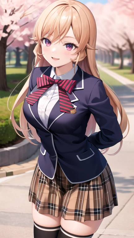 masterpiece, best quality, highres, aaerina, long hair, red bow, striped bow, blazer, blue jacket, long sleeves, plaid skirt, brown skirt, black thighhighs, smile, arms behind back, cherry blossoms, standing, outdoors, bent over,