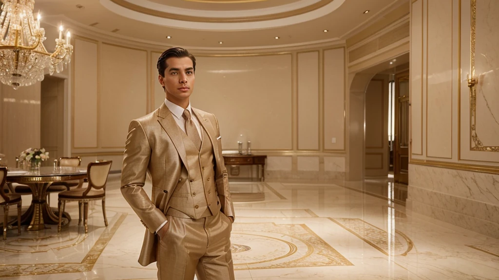 A handsome and attractive man with a round face, short straight hair slicked back, brown eyes, and lightly tanned skin. He is dressed in elegant and luxurious attire, situated in a setting that exudes luxury and wealth. The environment features high-end elements like grand chandeliers, marble floors, opulent furniture, and an overall atmosphere of sophistication and affluence, making the scene look realistic and lavish.