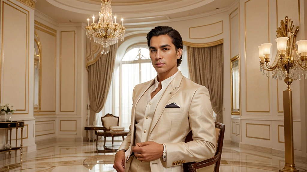 A handsome and attractive man with a round face, short straight hair slicked back, brown eyes, and lightly tanned skin. He is dressed in elegant and luxurious attire, situated in a setting that exudes luxury and wealth. The environment features high-end elements like grand chandeliers, marble floors, opulent furniture, and an overall atmosphere of sophistication and affluence, making the scene look realistic and lavish.