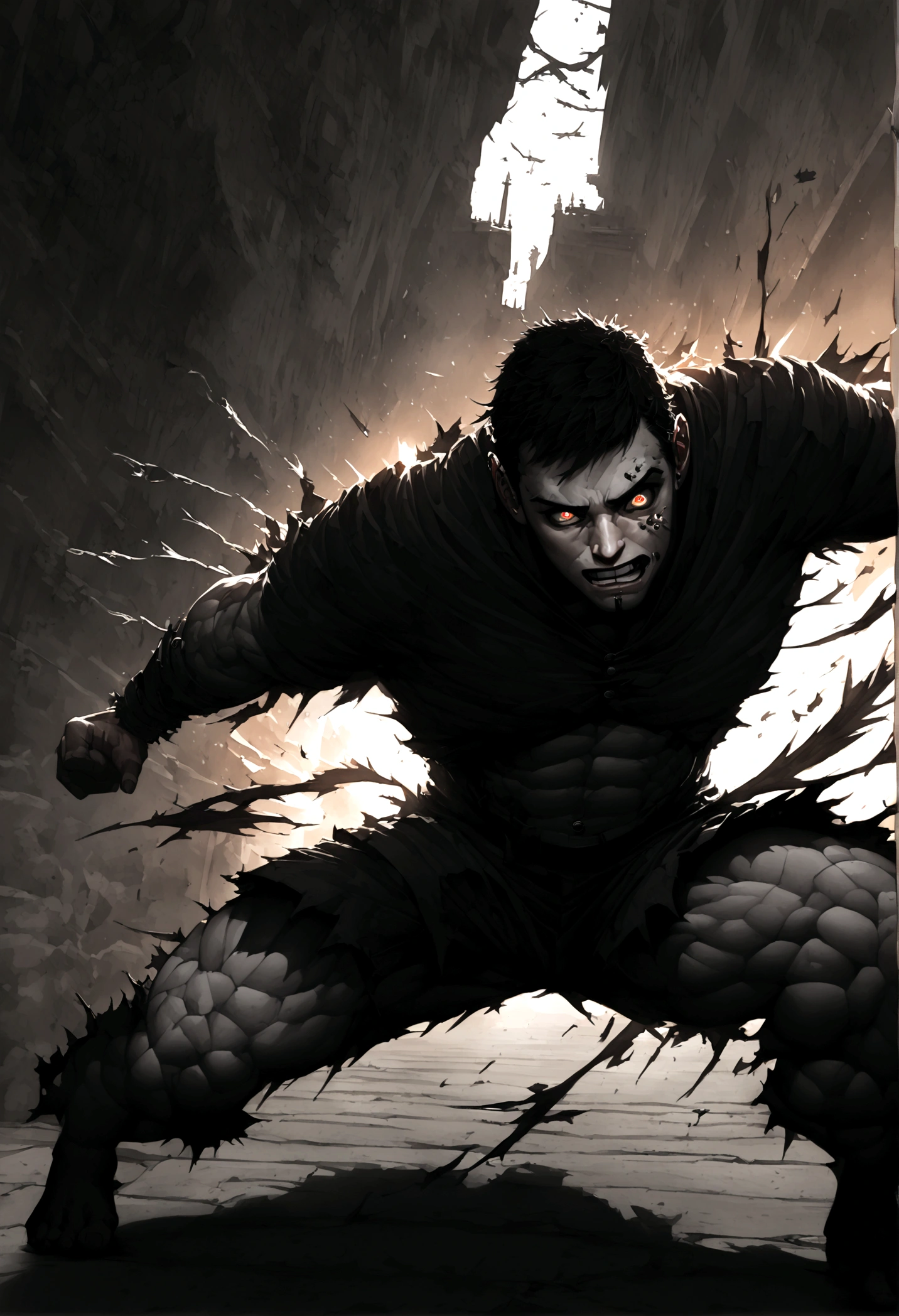 a muscular male hero in a combat pose, dynamic action shot, high contrast lighting, detailed facial features, piercing eyes, tattered costume, dramatic shadows, dynamic motion blur, hyper detailed digital art, cinematic lighting, heroic and intense expression