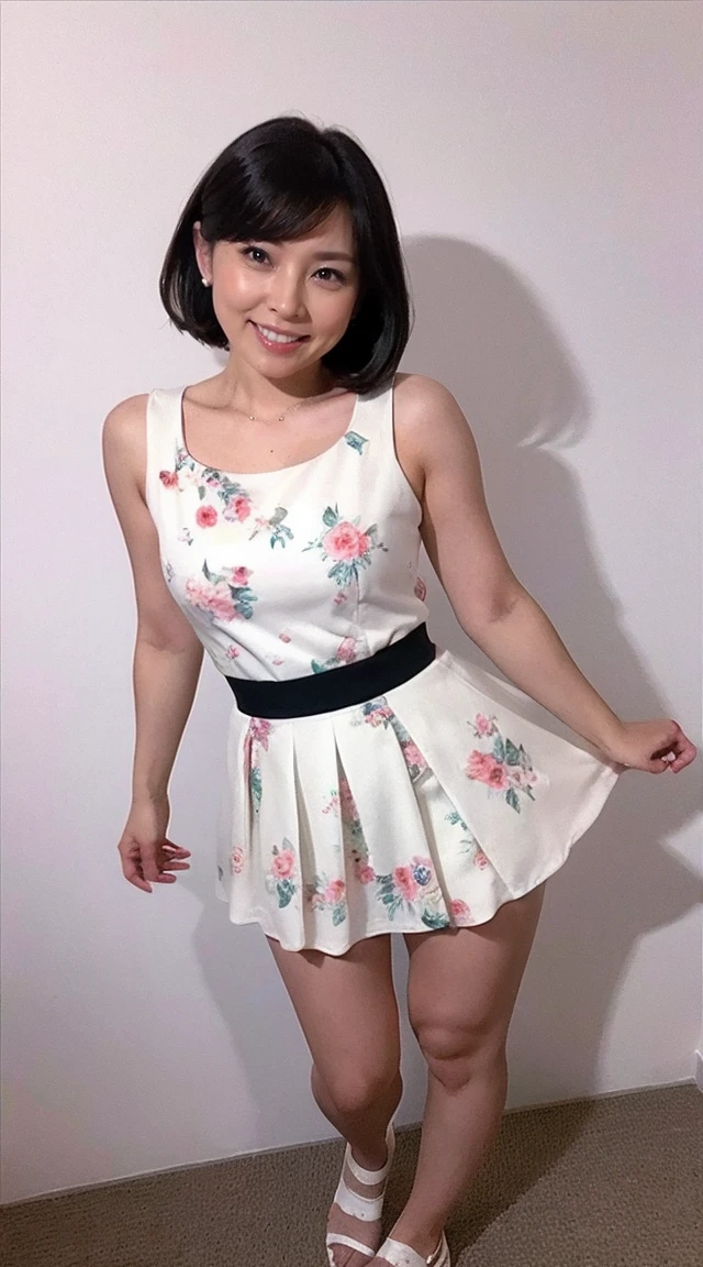 Sharp lines,Highest quality, Masterpiece、High-quality photos、Canon Photo Crystal Clear ,(Realistically:1.2), (Floral mini skirt dress)、Sassy pose、Take a full body photo、sweat, blush, narrow eyes, open mouth,smile、Gorgeous hairstyle