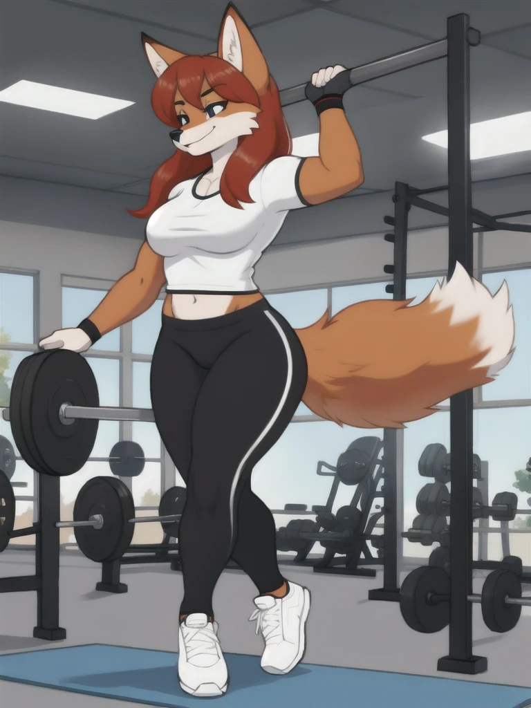 Furry, fox, female, white shirt, black leggings, shoes, gym, , full body
