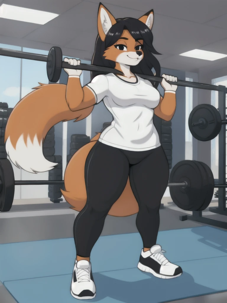 Furry, fox, female, white shirt, black leggings, shoes, gym, , full body