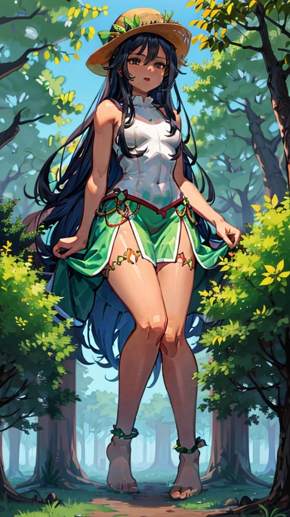 In a forest of large trees there is an unic and even larger Amazonian giantess, with brown skin, black hair, thin, and with very long legs, she is looking for bad small human invaders and detroyers of the forest to kill them so that they do not disturb the peace. Goddess, black skin, tall legs, tiny people, tiny humans, crush, forest, trees 1 girl