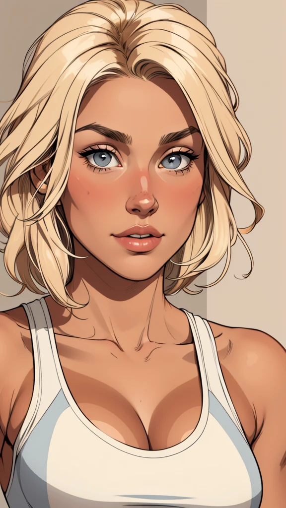 Flat colors, close up, portrait of a 25 year old surfer looking girl, tan skin, beach blonde salty hair, natural beaty, beautiful, casual, open loose grey tank top, Cleavage simply beige background