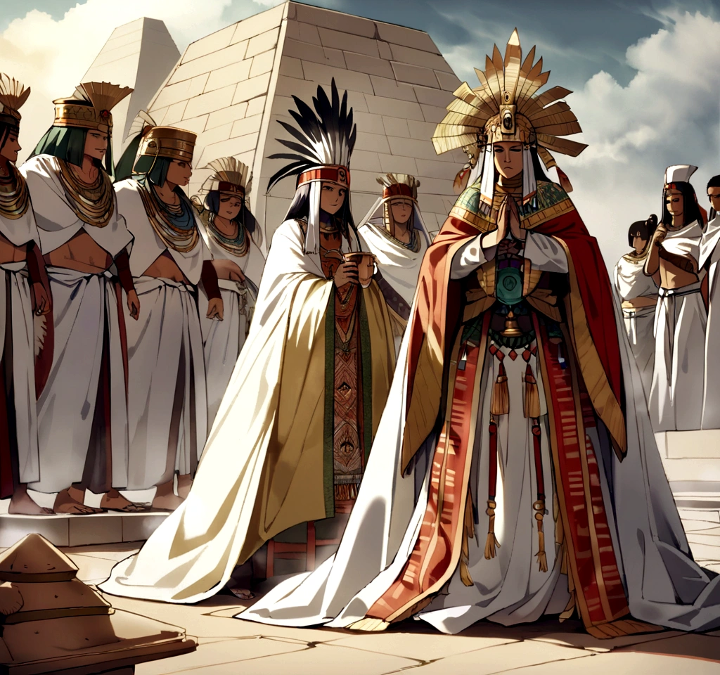 A religious ceremony in Tenochtitlán in 1455 AD, with Aztec priests dressed in elaborate outfits of feathers and gold, performing rituals in front of a great pyramid. The attendees, dressed in cotton clothes and embroidered cloaks, observe with respect and devotion.