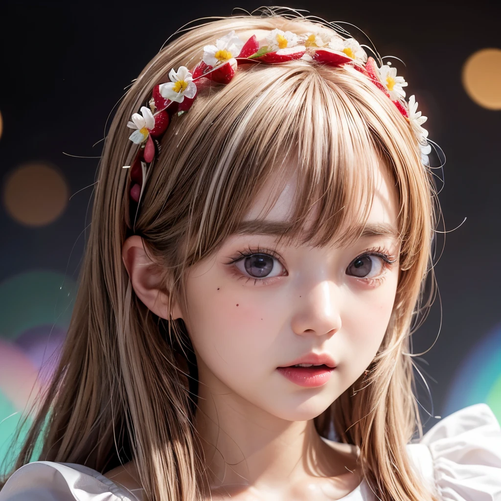 NSFW, 8k, High-level, absurd, masterpiece, best quality, primitive, very detailed CG, very detailed wallpaper, perfect lighting, Extremely detailed (((The personifying " strawberry shortcake " as a Little Girl))), MysticSight, Tyndall effect, Tyndall scattering, Studio gray background with (many Dazzling RainbowColor particles BokeH:1.28), (RoundlyButts, ThighGap), (Exposed:0.4), (Assfocus with looking ahead), BREAK (NOGIZAKA face variations) Extremely Detailed very KAWAII face variations, perfect anatomy, Childish, captivating gaze, elaborate detailed Eyes with (sparkling highlights:1.28), long eyelashes、Glossy RED Lips with beautiful details, Coquettish tongue, Rosy cheeks, Radiant PearlSkin with clear transparency . { (Dynamic LifeLike expressions:1.4) | :d) }, (large eyes:-1) .