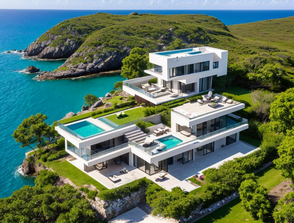 Five-story futuristic rock house on a tiny island in the style of a castle, Away from the mainland, in the middle of the Atlantic, High walls, High level of security, highly realistic, Mirrored windows, Lots of palm trees, , 
