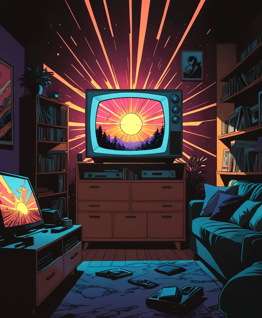 sunrise, overwhelming sunlight, too much light, maximal sunshine, blindingly bright, lens flare, insatiable light, uv light, VHS, glitch, distorted, nostalgia, 90's retro vibes, analog tape, vcr aesthetics, tv, television, 1990's cartoon homage), comic 1990's, animated tv show screengrab, cinematic poster, image within image, multiple exposure, massive scale, rich color grading for shading depth, hand drawn rotoscope cartoon realism, chiaroscuro lighting, mixed media, vintage comic, retro original design, 1990's comic, sense of movement energy,