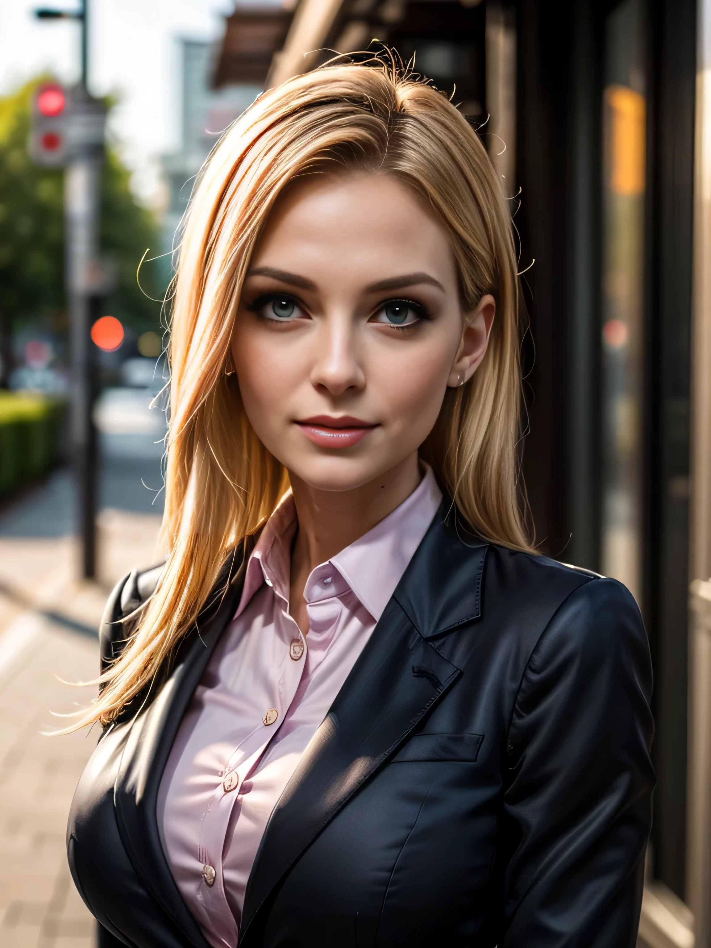 (masterpiece, photorealistic:1.4, extremely intricate:1.3, radiosity, photon mapping, dtx), ((40 year old supermodel, ((business suit, black suit coat, pink silk men's business shirt, serious, 45 years old)), long eyelashes, makeup:1.3)), ((([skin detail:freckles:0.9], portrait, closeup))), outdoor, park, faraway city, professional photograph mature woman, (long straight hair [blonde hair:dark hair:0.7], wind), BREAK ((sunset), bokeh, blurry background), BREAK, ((([medium breasts:large breasts:0.6])))