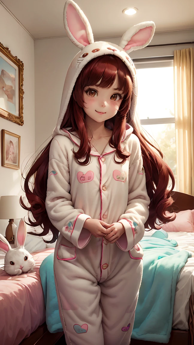 Young girl, (8 years old), (little body, small height), (petite girl: 1.35), (adorable face), (big forehead: 1.2), she has a long flowing hair, (red hair: 1.35), (long hair: 1.35), asian features, (brown eyes: 1.35), brown light eyes, (white skin: 1.35), beautiful detailed eyes, cute young girl, (flat chest: 1.35), (((kigurumi, onesies,bunny pajama,Hooded Pajamas,Animal Pajamas))),((slippers)),(((intricate pajama,embroidered pajama,ornate pajama))), high resolution, (detailed clothes), (bedroom, messed bedroom, warm light background), (detailed background), (full detailed 8k), (perfectly detailed face), (enhance anatomy), vfx, highres, sharp, focus, (photorealistic artwork: 1.35), (extremely detailed CG unity 8k wallpaper), (vibrant colors, vibrant theme), (dynamic pose: 1.5), cool vibes, fashion girl, happy, expression, coquette, playful attitude, smiling, happy, adorable small girl, (small girl: 1.35), (perfectly shaped body), sleepy girl