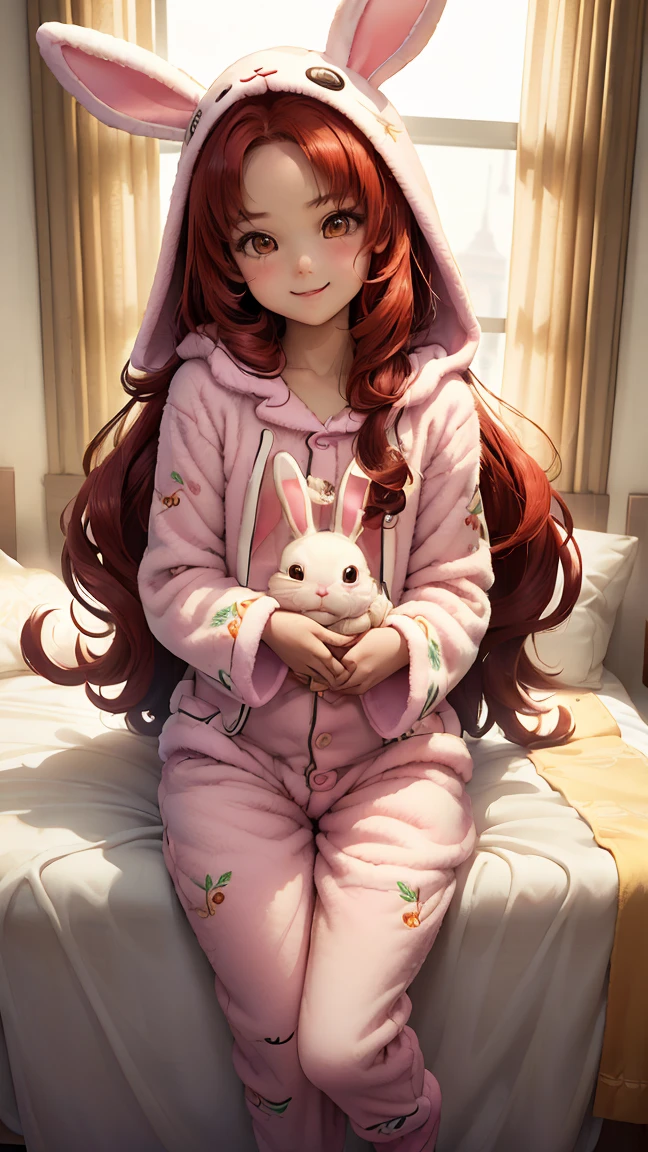 Young girl, (), (little body, small height), (petite girl: 1.35), (adorable face), (big forehead: 1.2), she has a long flowing hair, (red hair: 1.35), (long hair: 1.35), asian features, (brown eyes: 1.35), brown light eyes, (white skin: 1.35), beautiful detailed eyes, cute young girl, (flat chest: 1.35), (((kigurumi, onesies,bunny pajama,Hooded Pajamas,Animal Pajamas))),((slippers)),(((intricate pajama,embroidered pajama,ornate pajama))), high resolution, (detailed clothes), (bedroom, messed bedroom, warm light background), (detailed background), (full detailed 8k), (perfectly detailed face), (enhance anatomy), vfx, highres, sharp, focus, (photorealistic artwork: 1.35), (extremely detailed CG unity 8k wallpaper), (vibrant colors, vibrant theme), (dynamic pose: 1.5), cool vibes, fashion girl, happy, expression, coquette, playful attitude, smiling, happy, adorable small girl, (small girl: 1.35), (perfectly shaped body), sleepy girl