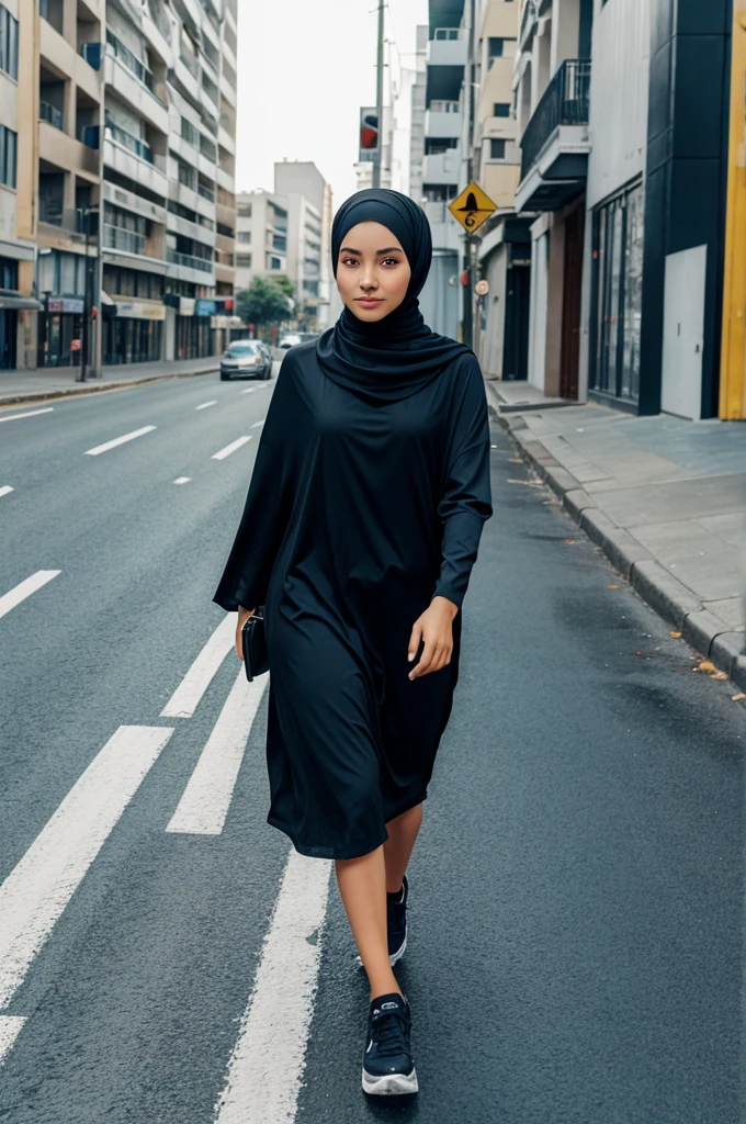 A girl with fully covered with oversized hijab who walking on the road