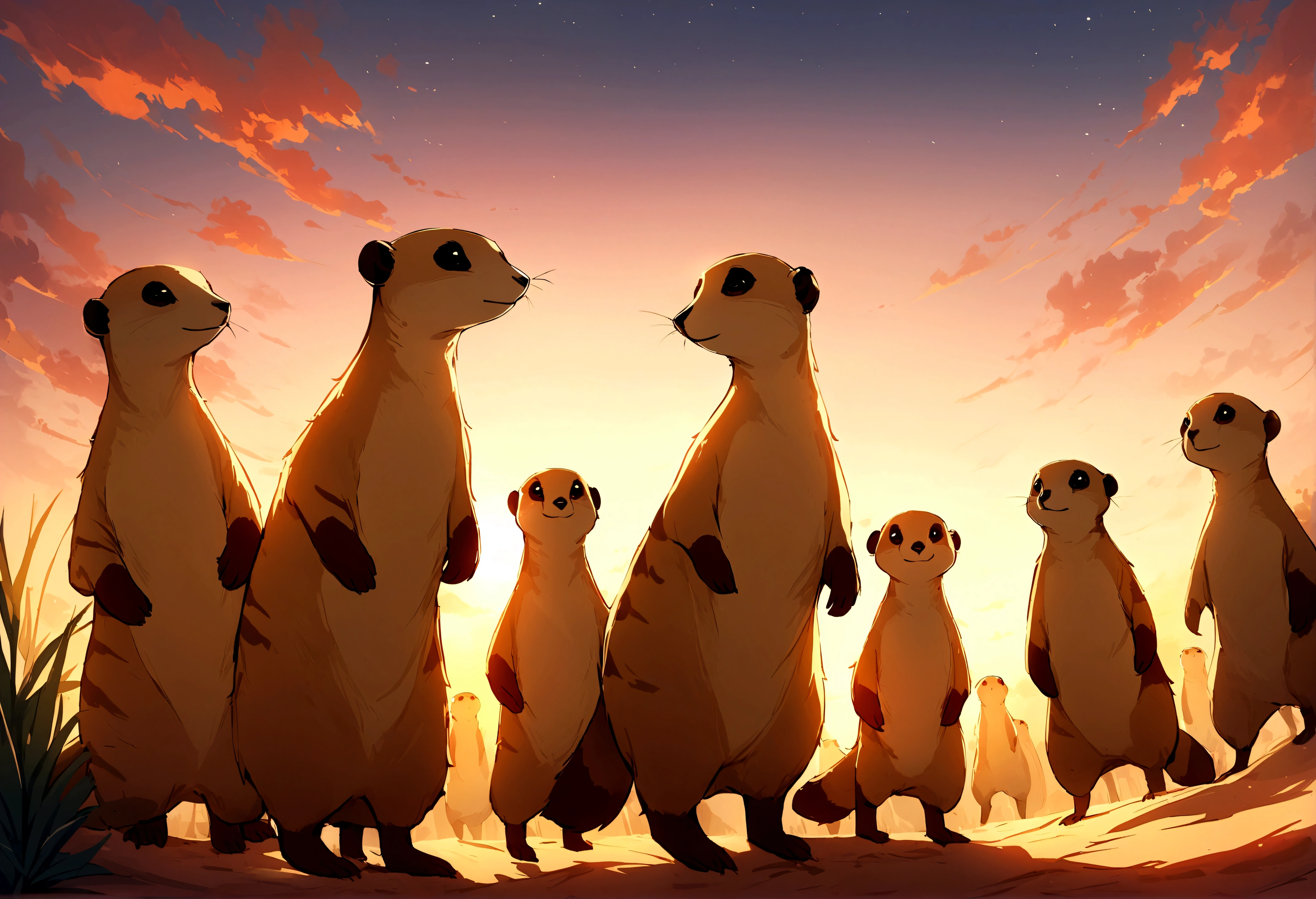 A family of Meerkats emerge from their burrow at sunrise, idealist prairie, lovely sunrise