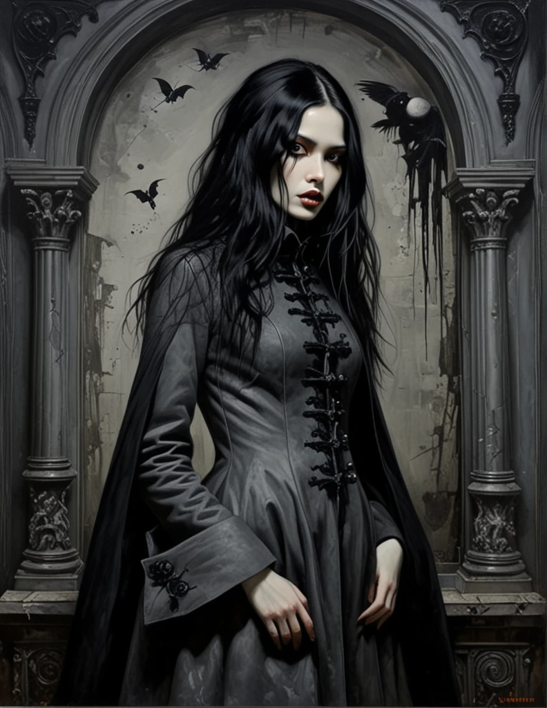 James Gurney, Surrealist art , dream-like, Mysterious, Provocative, symbolic, Complex, detailed,, (Gothic but very beautiful:1.4), (masterpiece, highest quality:1.4) , Nicola Samori Style, girl with long black hair, gray eyes, black coat
