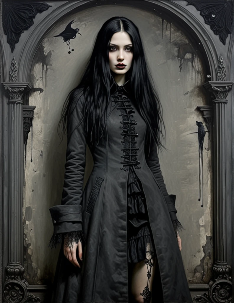 James Gurney, Surrealist art , dream-like, Mysterious, Provocative, symbolic, Complex, detailed,, (Gothic but very beautiful:1.4), (masterpiece, highest quality:1.4) , Nicola Samori Style, girl with long black hair, gray eyes, black coat