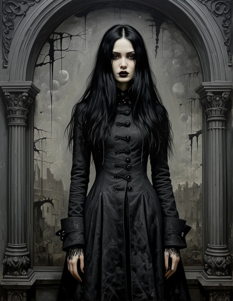 James Gurney, Surrealist art , dream-like, Mysterious, Provocative, symbolic, Complex, detailed,, (Gothic but very beautiful:1.4), (masterpiece, highest quality:1.4) , Nicola Samori Style, girl with long black hair, gray eyes, black coat