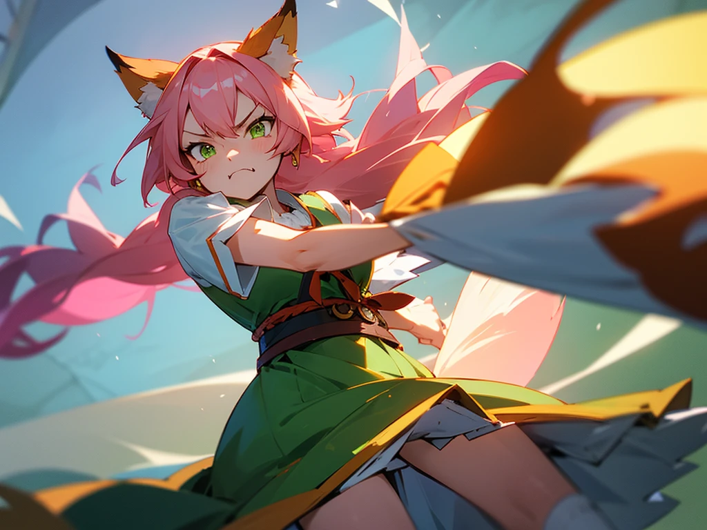 kitsune idol in a tavern, foxgirl, fox ears, fox tails, pink hair, green eyes, light blue idol dress, tavern background, high quality, masterpiece, angry face