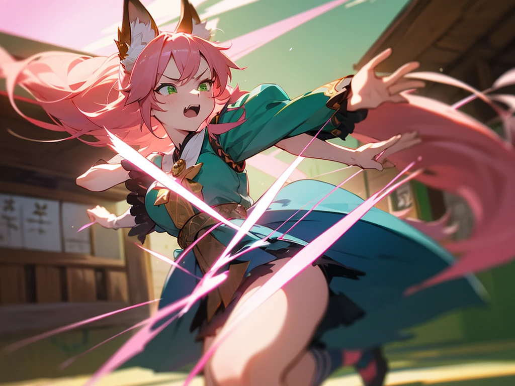kitsune idol in a tavern, foxgirl, fox ears, fox tails, pink hair, green eyes, light blue idol dress, tavern background, high quality, masterpiece, angry face