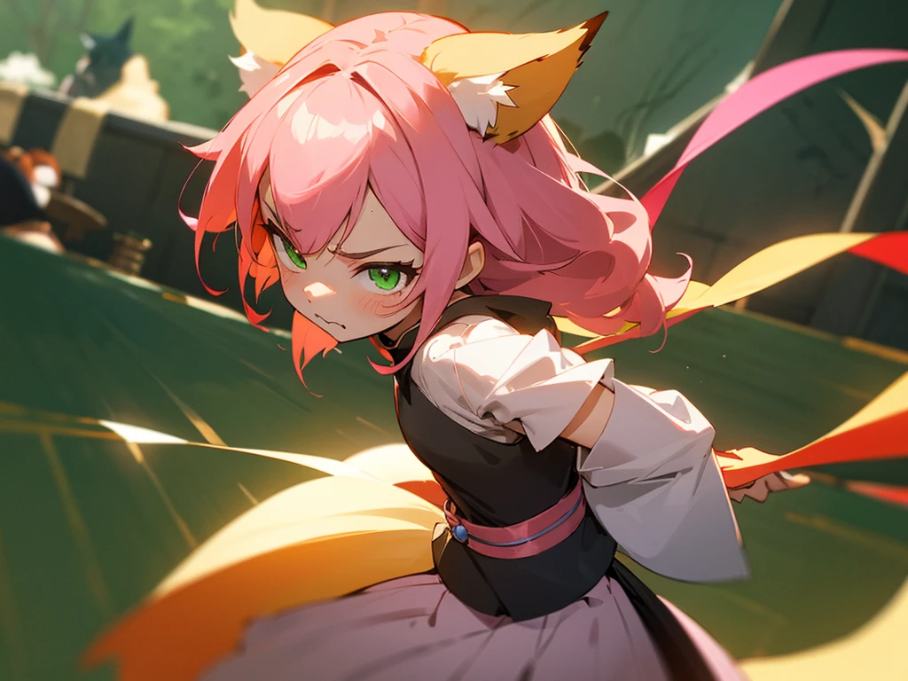 kitsune idol in a tavern, foxgirl, fox ears, fox tails, pink hair, green eyes, light blue idol dress, tavern background, high quality, masterpiece, angry face