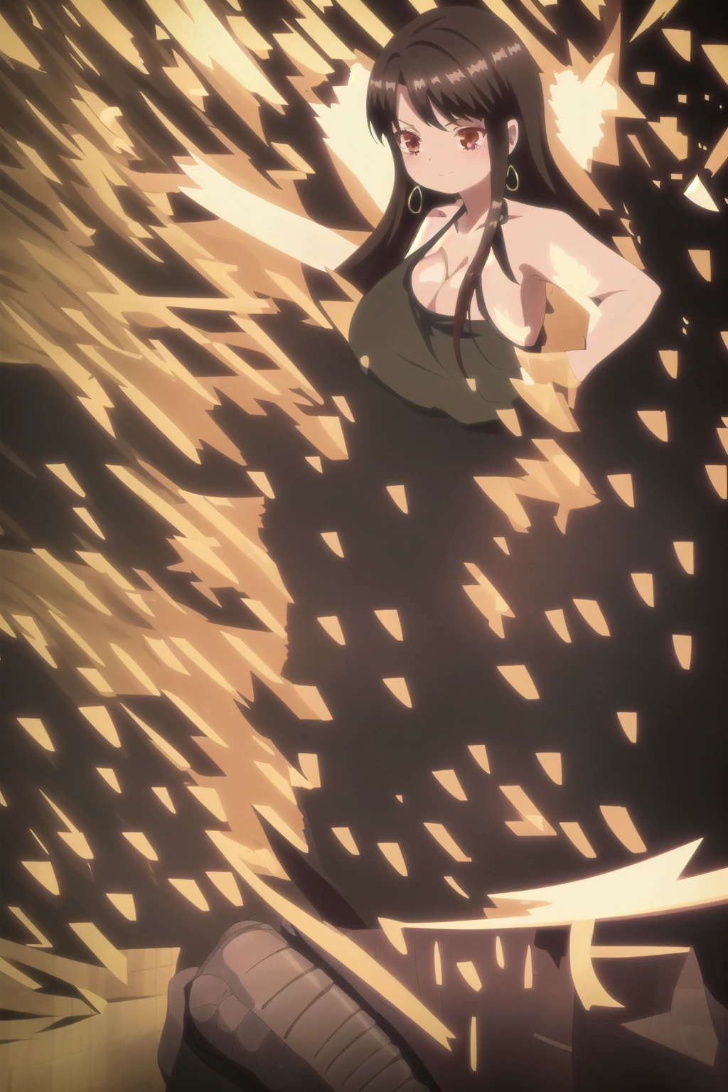 ((masterpiece)),(Highest quality),Official Art,Extremely detailed CG,unity 8k wallpaper,Very detailed,Lighthouse on top of a cliff by the sea,One Girl,alone,Up to the knees,(Portraiture:1.2),Cleavage,Long Hair,Black leather shorts,Brown Hair,jewelry,Bare shoulders,Hoop Earrings,Lace Top Stockings,belly button,Red eyes,Brown eyes,Black Midriff,Large Breasts,Black Hair,Knee-high boots,