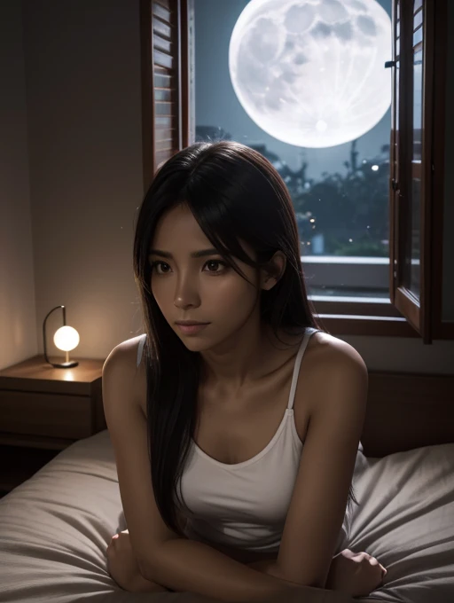 30 year old female, longye hair, neutral expression, traços ocidentais, camisola, sentada na cama, dark bedroom, moonlight shining through the window