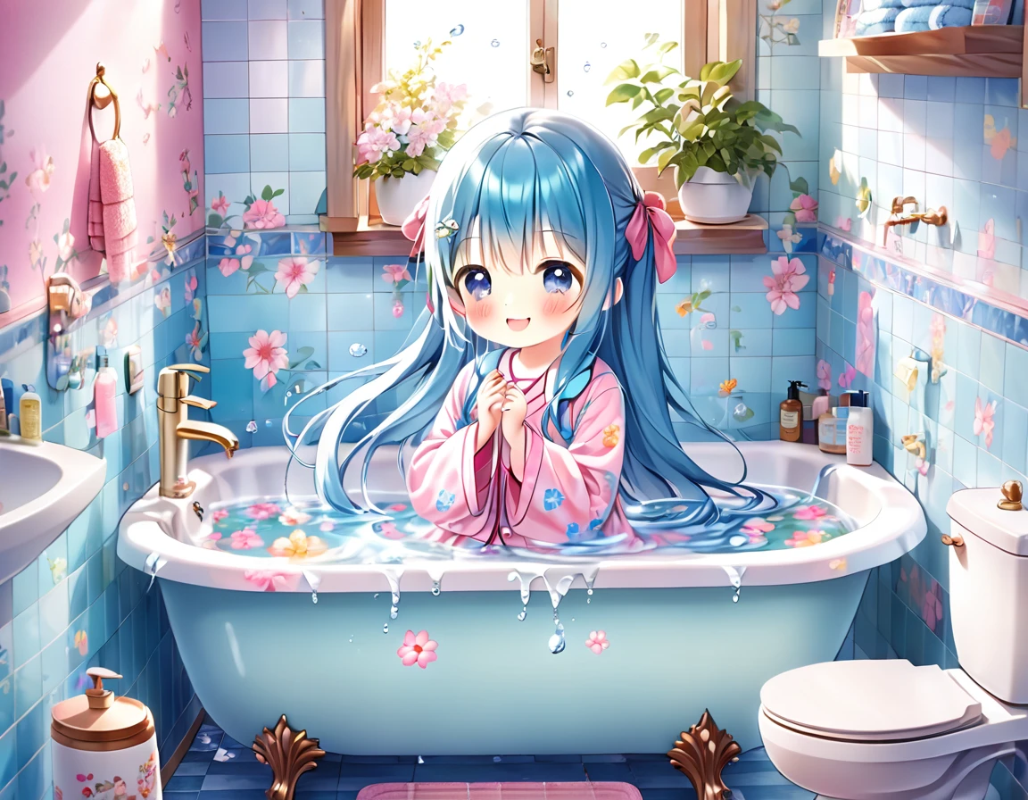 Light blue long hair、Twin-tailed Girl、Pink pajamas with floral pattern、smile、Washing her face in the bathroom、A lot of margaret flowers are displayed、Splash