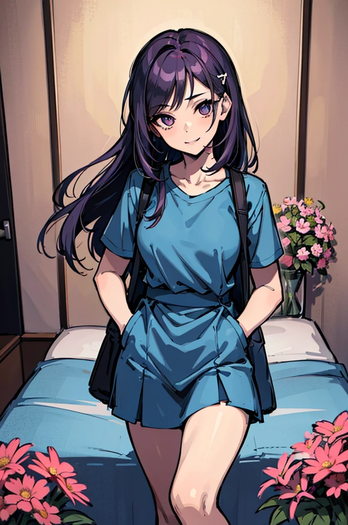 (absurdres, 8k, 4k, masterpiece, hyper extreme detailed:1.2), solo, 1girl, front view, perfect face, 1girl, portrait, looking at viewer, solo, standing, Female, Mature Female, expressive eyes, perfect face, dark purple hair, 1girl, messy hair, perfect anatomy, adult, standing, straight hair, pale, half body, Medium hair, perfect anatomy, friendly, happy, good, good natured, kind, kindhearted, understanding, honesty, integrity, empathy, empathic, smile, nice, happy, expressive, cute, caring, Compassionate, Humility, Integrity, Forgiveness, forgiving, sparkling eyes, expressive eyes, hair covering forehead, swept bangs, medium bust, t-shirt, cute outfit, blue skirt, wholesome, Patience, love, loving, Generous, savior, saint, saintly, devoted, selfless, Positive, Encouraging, polite, courage, courageous, Considerate, unselfish, Diligent, warm, welcoming, Temperate, Cooperative, faithful, Imaginative, Fairness, fair, perfect, normal, 1girl, cutesy, pins, hairpins, bedroom background, colorful, backpack, flowers, flowers in hair, slender, slim, beautiful, wonderful, warm smile, tilted head, hope, integrity, inspiring, benevolent, huggable, cute outfit, cute bag, hands in pockets,
