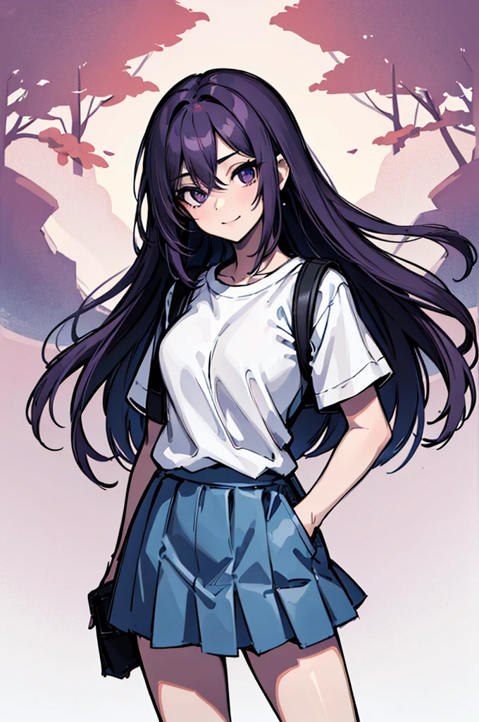 (absurdres, 8k, 4k, masterpiece, hyper extreme detailed:1.2), solo, 1girl, front view, perfect face, 1girl, portrait, looking at viewer, solo, standing, Female, Mature Female, expressive eyes, perfect face, dark purple hair, 1girl, messy hair, perfect anatomy, adult, standing, straight hair, pale, half body, Medium hair, perfect anatomy, friendly, happy, good, good natured, kind, kindhearted, understanding, honesty, integrity, empathy, empathic, smile, nice, happy, expressive, cute, caring, Compassionate, Humility, Integrity, Forgiveness, forgiving, sparkling eyes, expressive eyes, hair covering forehead, swept bangs, medium bust, t-shirt, cute outfit, blue skirt, wholesome, Patience, love, loving, Generous, savior, saint, saintly, devoted, selfless, Positive, Encouraging, polite, courage, courageous, Considerate, unselfish, Diligent, warm, welcoming, Temperate, Cooperative, faithful, Imaginative, Fairness, fair, perfect, normal, 1girl, cutesy, pins, hairpins, bedroom background, colorful, backpack, flowers, flowers in hair, slender, slim, beautiful, wonderful, warm smile, tilted head, hope, integrity, inspiring, benevolent, huggable, cute outfit, cute bag, hands in pockets,