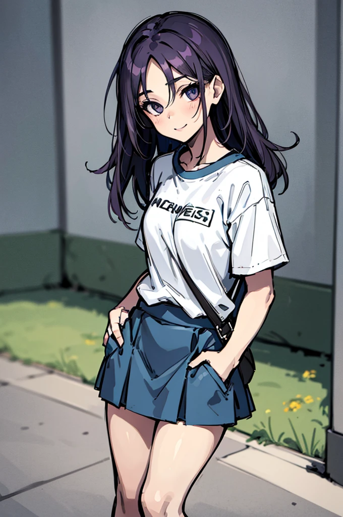 (absurdres, 8k, 4k, masterpiece, hyper extreme detailed:1.2), solo, 1girl, front view, perfect face, 1girl, portrait, looking at viewer, solo, standing, Female, Mature Female, expressive eyes, perfect face, dark purple hair, 1girl, messy hair, perfect anatomy, adult, standing, straight hair, pale, half body, Medium hair, perfect anatomy, friendly, happy, good, good natured, kind, kindhearted, understanding, honesty, integrity, empathy, empathic, smile, nice, happy, expressive, cute, caring, Compassionate, Humility, Integrity, Forgiveness, forgiving, sparkling eyes, expressive eyes, hair covering forehead, swept bangs, medium bust, t-shirt, cute outfit, blue skirt, wholesome, Patience, love, loving, Generous, savior, saint, saintly, devoted, selfless, Positive, Encouraging, polite, courage, courageous, Considerate, unselfish, Diligent, warm, welcoming, Temperate, Cooperative, faithful, Imaginative, Fairness, fair, perfect, normal, 1girl, cutesy, pins, hairpins, bedroom background, colorful, backpack, flowers, flowers in hair, slender, slim, beautiful, wonderful, warm smile, tilted head, hope, integrity, inspiring, benevolent, huggable, cute outfit, cute bag, hands in pockets,