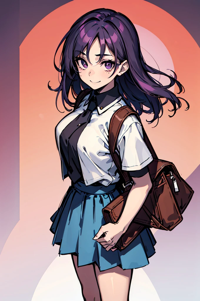 (absurdres, 8k, 4k, masterpiece, hyper extreme detailed:1.2), solo, 1girl, front view, perfect face, 1girl, portrait, looking at viewer, solo, standing, Female, Mature Female, expressive eyes, perfect face, dark purple hair, 1girl, messy hair, perfect ???????, adult, standing, straight hair, pale, half  body, Medium hair, perfect ???????, friendly, happy, good, good natured, kind, kindhearted, understanding, honesty, integrity, empathy, empathic, smile, nice, happy, expressive, cute, caring, Compassionate, Humility, Integrity, Forgiveness, forgiving, sparkling eyes, expressive eyes, hair covering forehead, swept bangs, medium bust, t-shirt, cute outfit, blue skirt, wholesome, Patience, love, loving, Generous, savior, saint, saintly, devoted, selfless, Positive, Encouraging, polite, courage, courageous, Considerate, unselfish, Diligent, warm, welcoming, Temperate, Cooperative, faithful, Imaginative, Fairness, fair, perfect, normal, 1girl, cutesy, pins, hairpins, bedroom background, colorful, backpack, flowers, flowers in hair, slender, slim, beautiful, wonderful, warm smile, tilted head, hope, integrity, inspiring, benevolent, huggable, cute outfit, cute bag, hands in pockets, 
