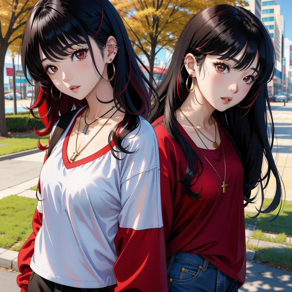 anime panel,upper body, 1girl,solo Korean, curly long black hair with red highlights, red slanted eyes, casual clothes, ear piercing, necklace, hair illuminated by sunlight, park background,angry