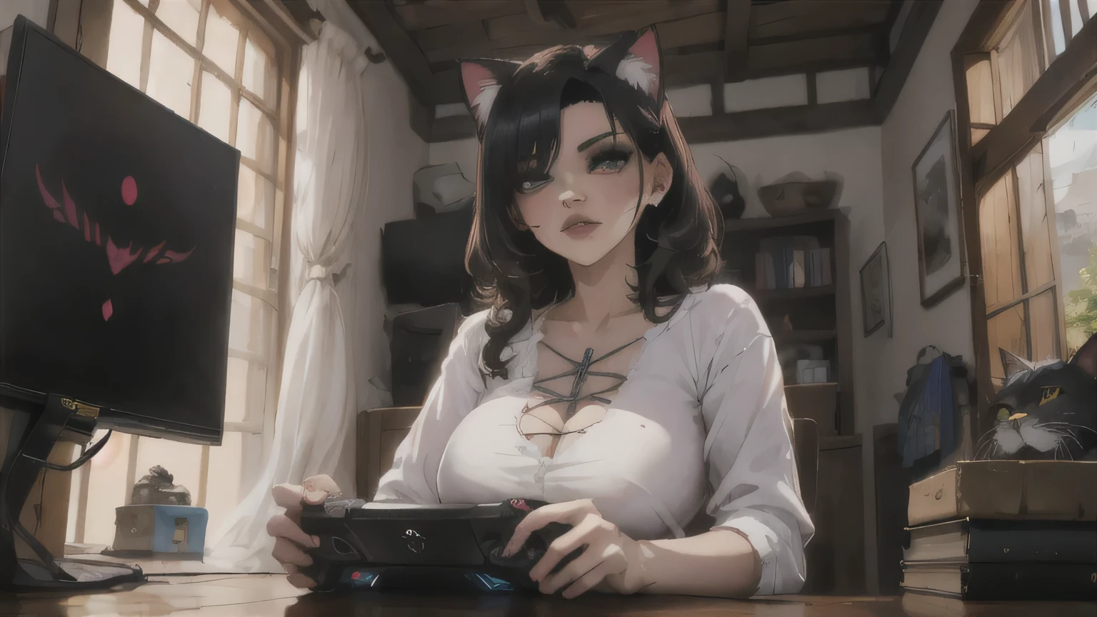 (junkotvv, black fur, fringe, ((cat ears)), Red eyes), in the foreground a villager is using a gaming computer inside a peasant house,peasants wearing renaissance clothing,Dur3r Style,(gaming computer monitor, keyboard (computer), cables, rgb games),horses,castle in the distance,(cat ears)