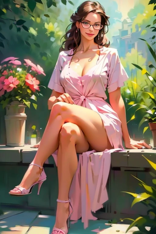 (sitting, crossed legs:1.2),(realistic illustration). cute 22 yo brunette Caucasian woman with green eyes. Sexy chubby figure, natural breasts, beautiful ass. Smile. Eyeglasses, cardigan, pink sundress, high heels, Masterpiece, (highly detailed:1.2),(detailed face and eyes:1.2), 8k wallpaper, Moody lighting. core shadows, high contrast, bokeh.