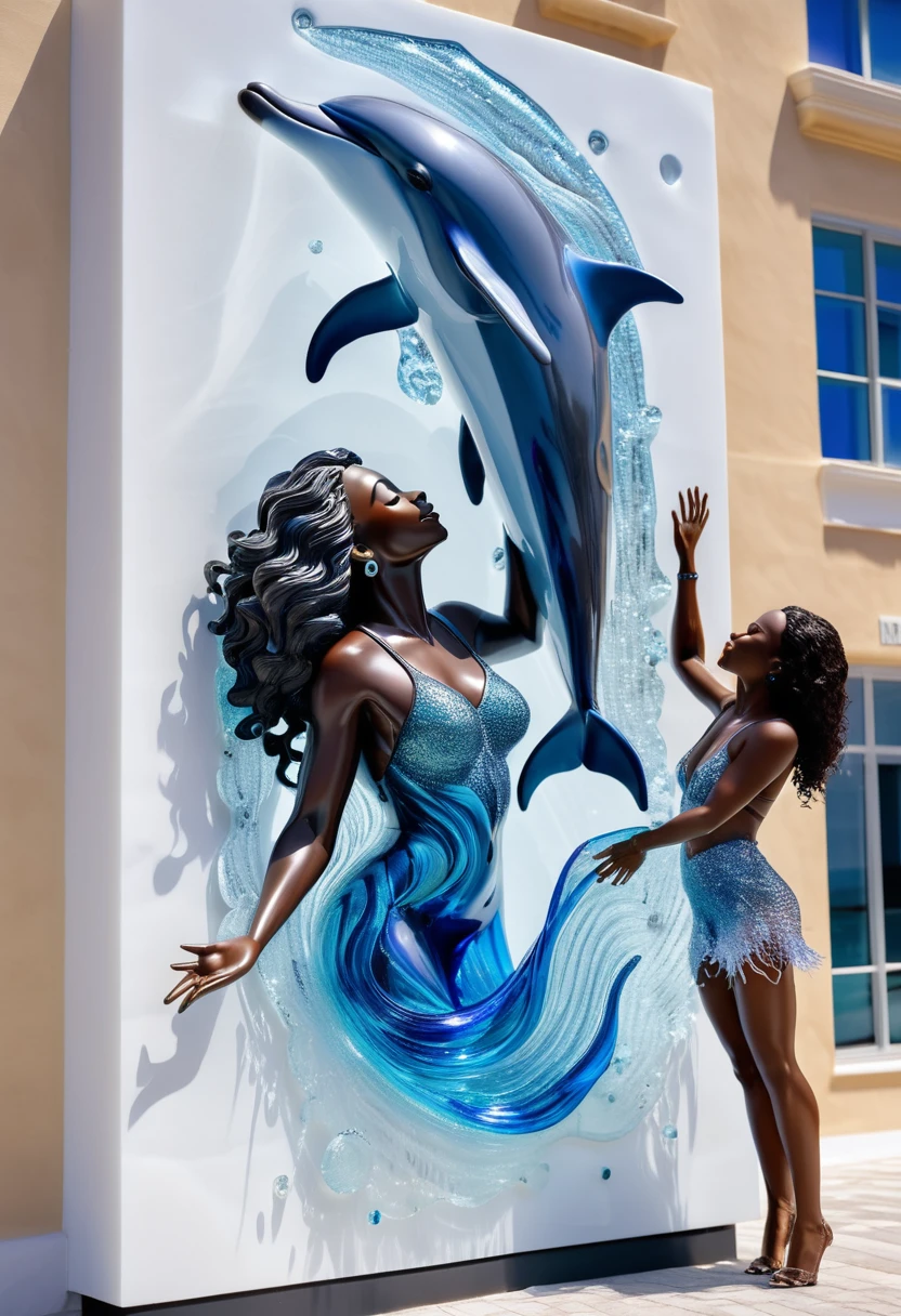 a glass sculpture art attached to a building wall, a glass sculpture art of a black woman stretching her left hand until she touches the nose of a happy dolphin, the glass sculpture is highly detailed with ocean waves included, 32k, ultra HD