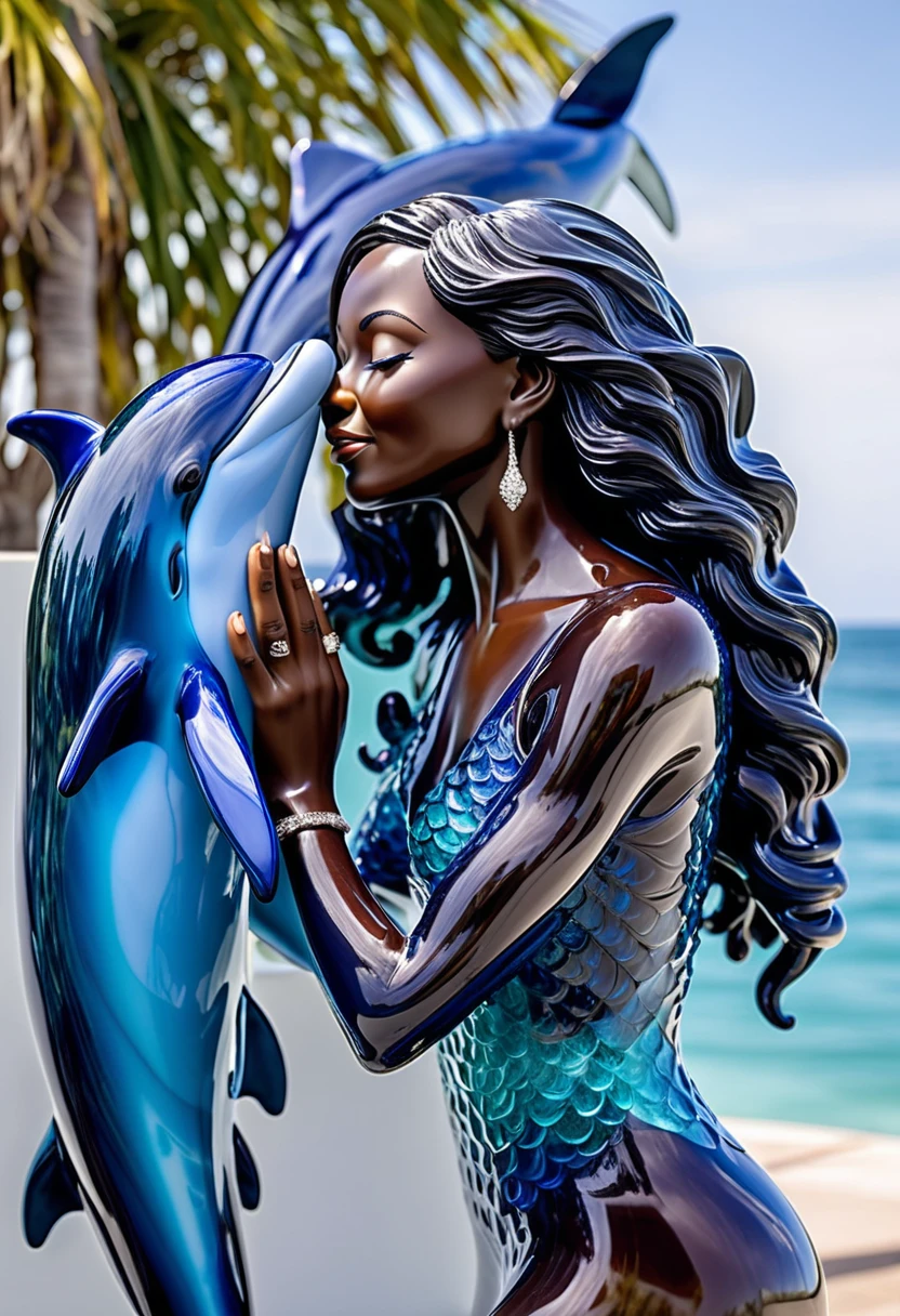 a glass sculpture art attached to a building wall, a glass sculpture art of a black woman stretching her left hand until she touches the nose of a happy dolphin, the glass sculpture is highly detailed with ocean waves included, 32k, ultra HD