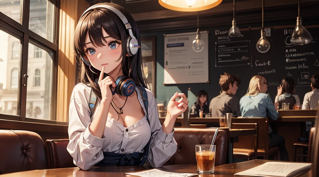 Girl with headphones enjoying music in a cafe　I am studying　Emphasize a little bit of the chest