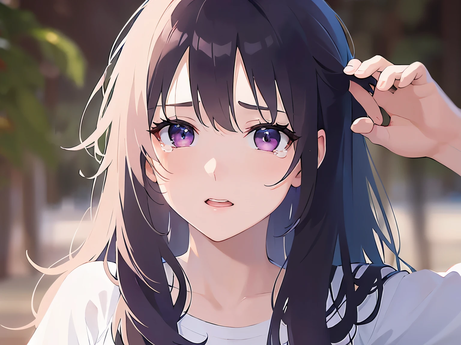 Detailed CG, Ultra-fine illustrations,masterpiece,highest quality, AW Photos,(Pale skin:1.2),Shiny skin Shiny Hair,(A 26-year-old woman with straight hair and bangs)and(Medium Hair)and(Black Hair)and(Purple eyes),BREAK(White T-shirt:1.5)BREAK,(wiping tears:1.3),,The background is a green park,alone,(Placing hand on cheek:1.5),(Biologically correct5Fingesurprised)and(missing fingers)