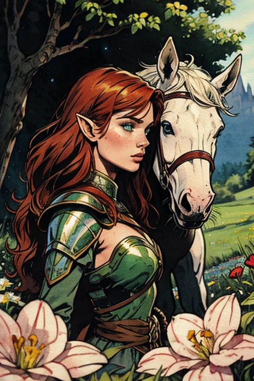 (water colour: 1.2), elf princess, flowers, freckles, bangss, redheadwear, long hair, greeneyes, hair between eyes wearing armor,mounted on an imposing white horse, gazing at viewer, flowers brincos, nblurry background, high resolution