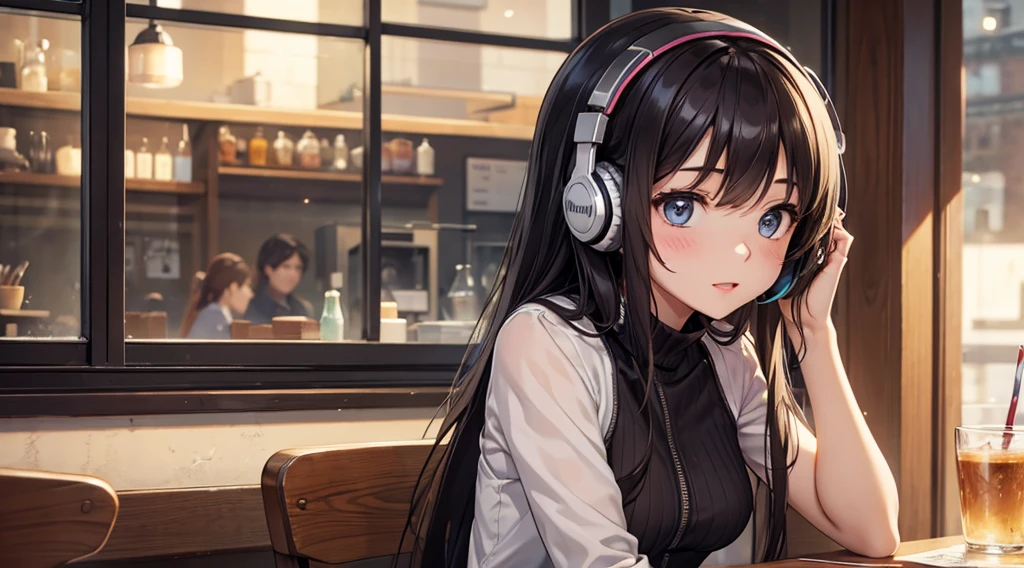 Girl with headphones enjoying music in a cafe I am studying Emphasize a little bit of the chest